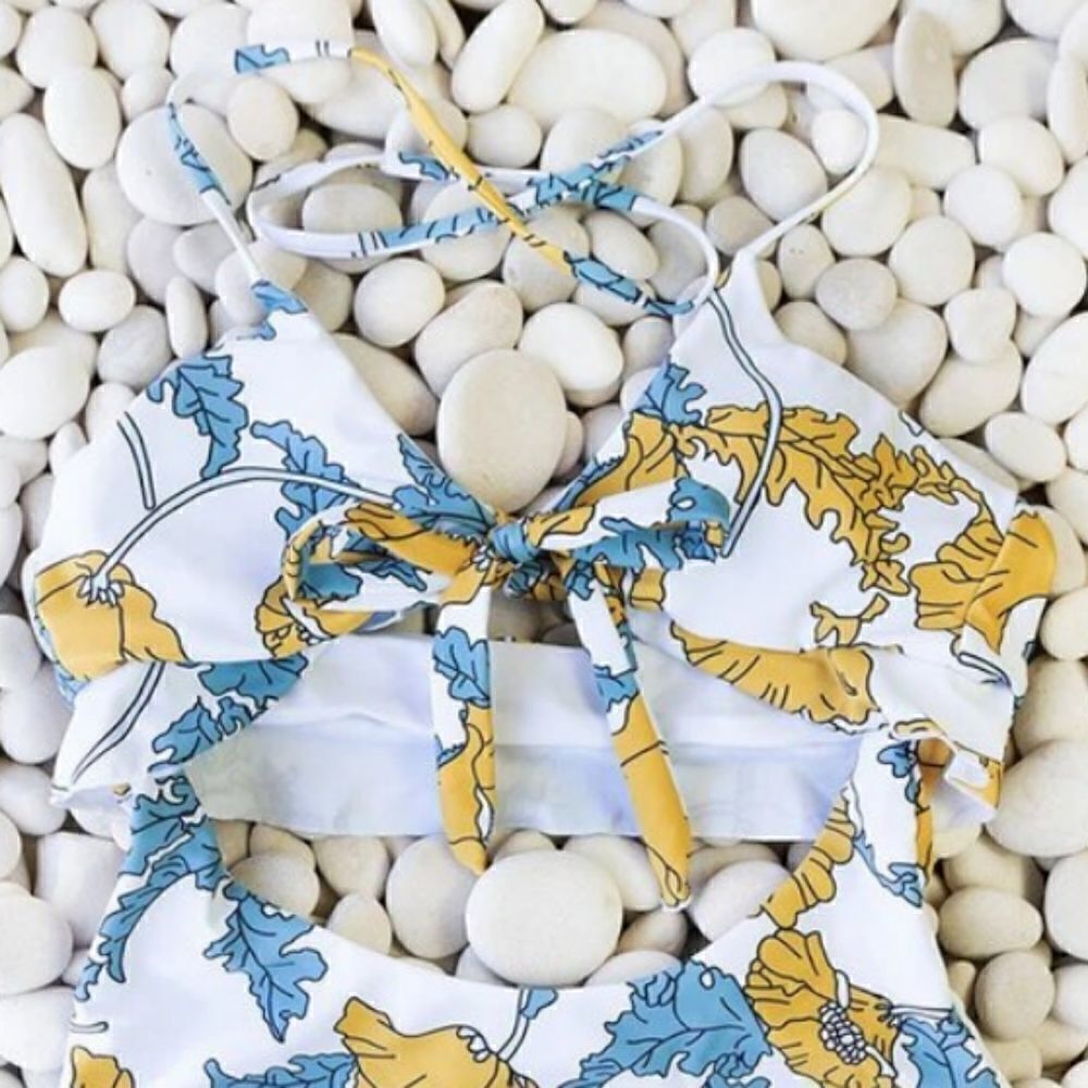 Monkini Suit Junior XL Gold Blue Floral Halter Tie Cut Out - Picture 6 of 12